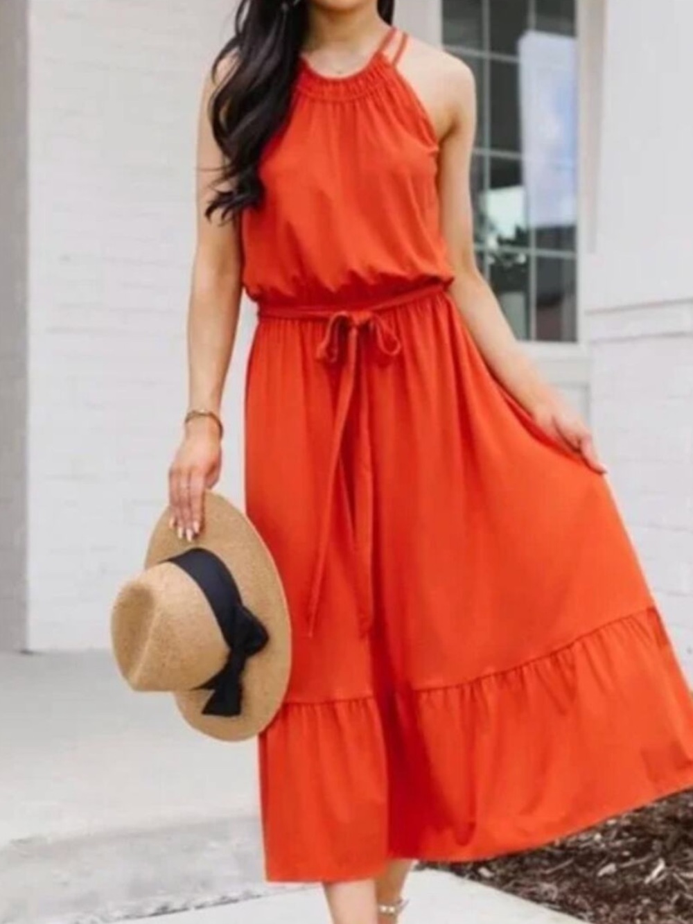 LOFT Bright Orange Halter Maxi Dress with Tie Waist